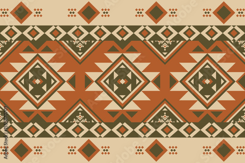 Terracotta geometric southwest seamless pattern with tribal diamond and ethnic motifs, perfect for fabric, textile, backgrounds, and home decor in warm earthy tones.
