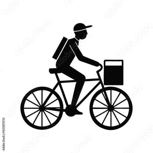 Black silhouette graphic of bicycle courier with box and backpack