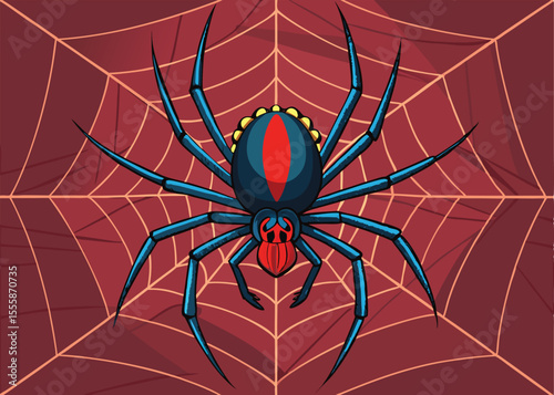 A bold, stylized illustration of a spider centered on a complex, intricate spiderweb.