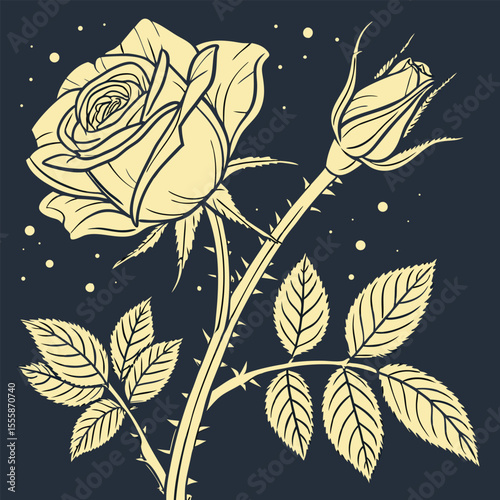 Beige Rose Illustration with Bud Leaves and Thorns on Dark Blue Background
