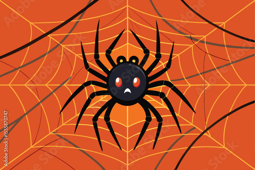 A cartoon spider with a distressed expression sits in a detailed spiderweb.