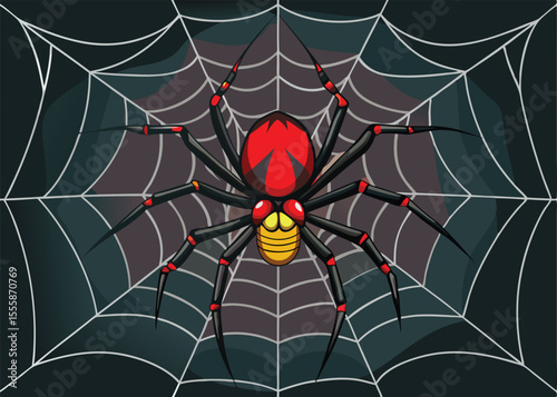 A detailed illustration of a spider with a red and black design, positioned centrally in a complex spiderweb against a dark background.