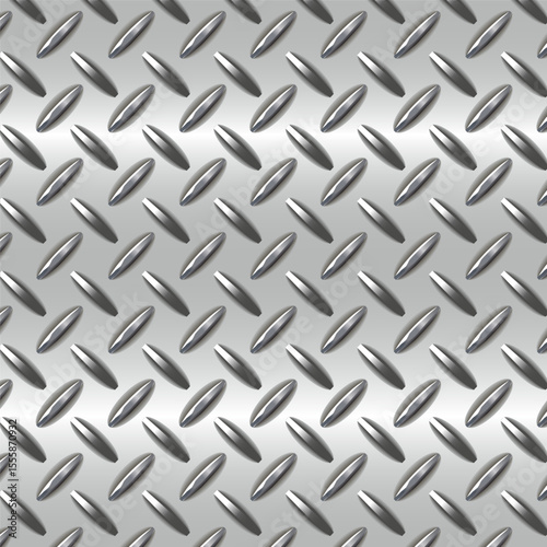 Seamless diamond plate metal texture with raised tread pattern and brushed steel finish. Ideal for industrial backgrounds, floor surfaces, and machinery designs.