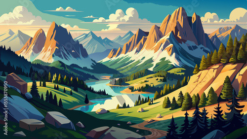 Breathtaking panoramic view of the Dolomite mountains near Lake Misurina in Veneto, Italy. Towering rugged peaks bathed in warm sunlight, surrounded by lush green pine forests and alpine meadows