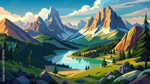 Breathtaking panoramic view of the Dolomite mountains near Lake Misurina in Veneto, Italy. Towering rugged peaks bathed in warm sunlight, surrounded by lush green pine forests and alpine meadows