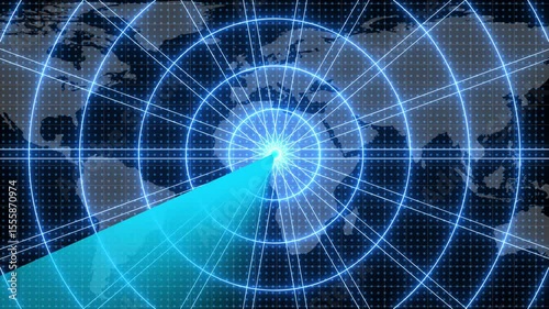 Advanced Radar Animation with Scanning . Global Map Military Surveillance, Flight Detection, and Tactical Air Traffic Monitoring Concept. Military Radar Scan with Aircraft Detection on World Map