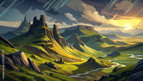 Epic panoramic view of the dramatic Hebrides mountains along the Trotternish Ridge, illuminated by a break of golden sunlight during an incoming rain shower. Captured from the iconic Quiraing