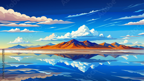 Stunning landscape of Salar de Uyuni, the world’s largest salt flat in Bolivia, with a perfectly reflective surface creating a surreal mirror effect under the vast blue sky