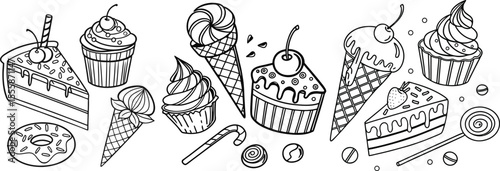 Line art illustration of sweets including cakes ice cream donuts and candy