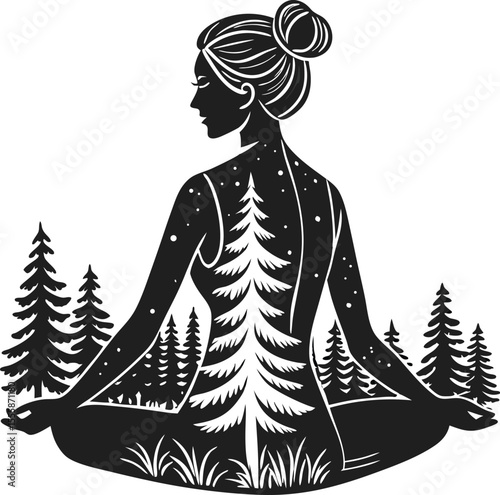 Meditating Woman with Forest Silhouette Nature Connection and Inner Peace Concept