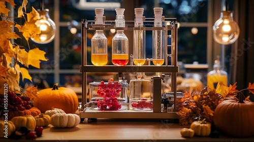Chromatograph in a Thanksgiving themed lab analyzing colorful food extracts surrounded by autumn leaves pumpkins and cozy lighting reflecting the harvest season and food science