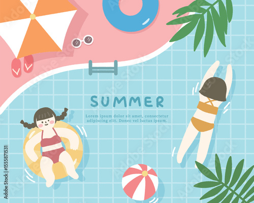 Hand drawn summer template background with swimming pool and leaves.