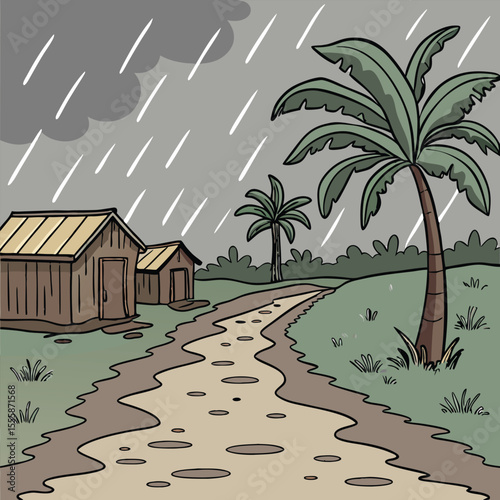 Cartoon Illustration of Rainy Scene with Palm Trees and Muddy Road