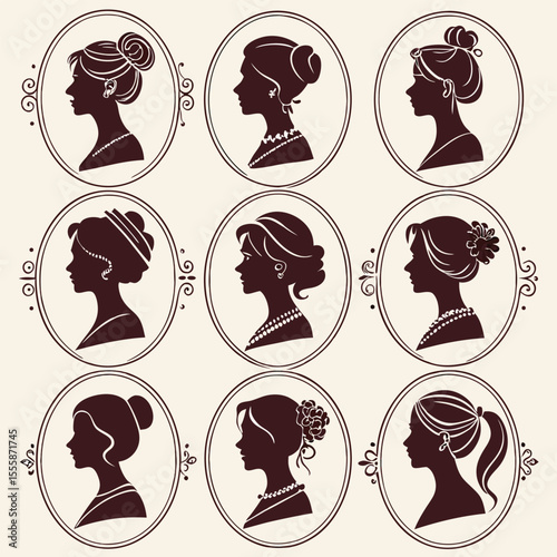 Elegant Vintage Cameo Silhouettes of Women with Different Hairstyles and Accessories