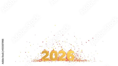 golden 2026 text with two golden confetti jets - 3D rendering animation