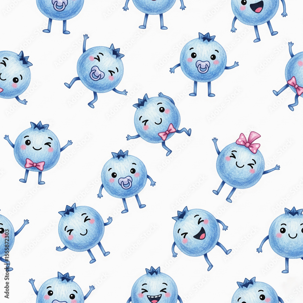 Obraz premium Delightful Hand-Drawn Blueberry Characters with Pacifiers and Bow Ties on a White Background Seamless Pattern