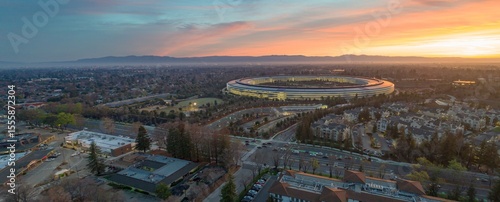 Canvas-taulu Aerial view of Apple Park headquarters at sunrise in Cupertino, California, USA