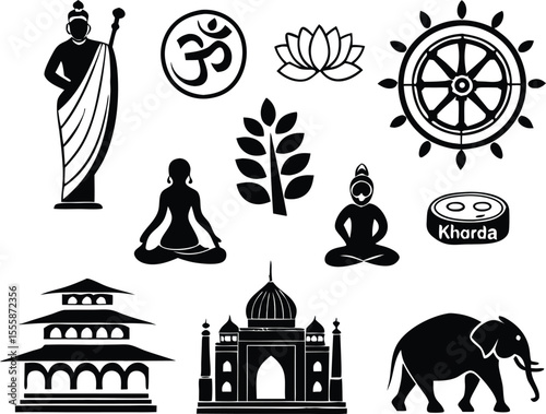 Collection of Indian Symbols and Icons in Black and White Silhouette