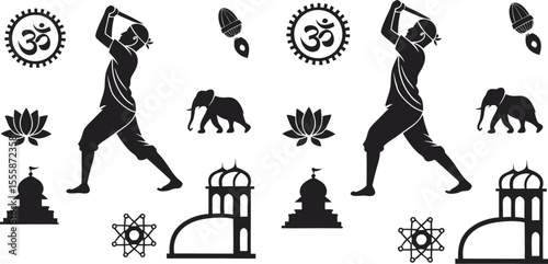 Indian Culture Silhouette Design with Man Elephant Lotus and Temple