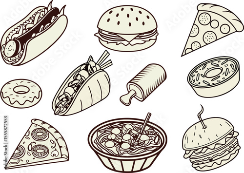 Hand Drawn Fast Food Icons in Beige and Brown Outline Style