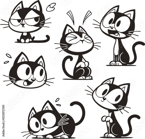 Collection of Cartoon Black and White Cats with Different Expressions