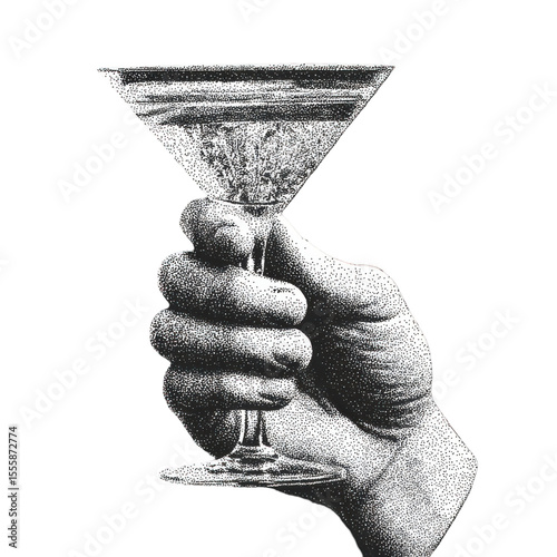 Hand Holding Martini Glass In Vintage Dot. Retro Cocktail Illustration Isolated On Transparent Background