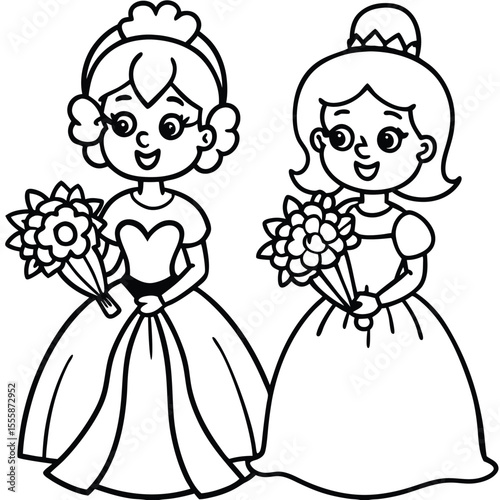 Two Cartoon Bridesmaids in Dresses Holding Flowers Coloring Page