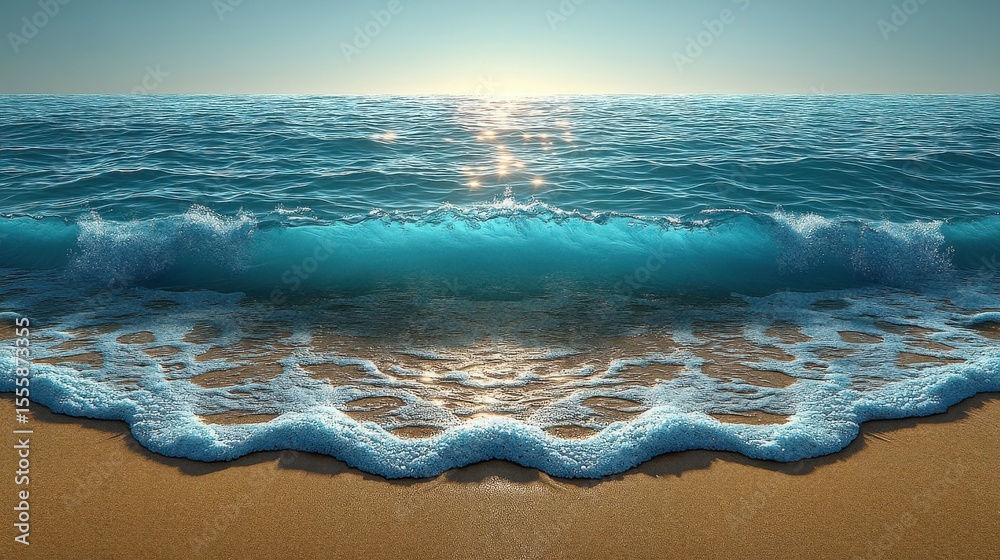 Golden Beach With Turquoise Ocean Wave During Sunset Time Illustration Golden Beach With Turquoise Ocean Wave During Sunset Time Illustration