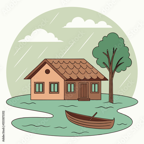 Illustration of a Flooded House with a Boat and Tree in the Rain