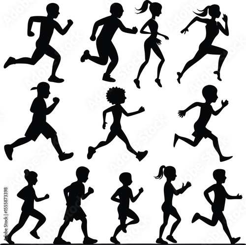Silhouette of Diverse People Running Jogging Exercising and Staying Active for Health
