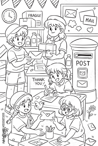 Lovely black and white coloring page with happy kids at a post office writing letters, exchanging packages, dropping mail into a postbox and playing with envelopes, surrounded by boxes, flowers and ch