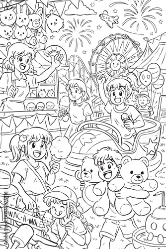 Joyful black and white coloring page showing happy kids at an amusement fair, eating cotton candy and ice cream, winning teddy bears, riding bumper cars, playing whack-a-mole, with fireworks, balloons