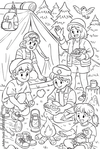 Charming black and white coloring page showing happy kids camping in the forest with a tent, campfire, roasting marshmallows, sharing food and enjoying nature, surrounded by trees, a bird and camping 