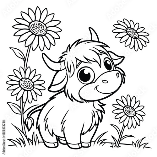 Cute cartoon yak coloring page surrounded by sunflowers in a field