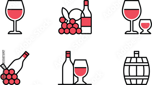 Illustration of wine glasses bottles grapes and a barrel on a white background design
