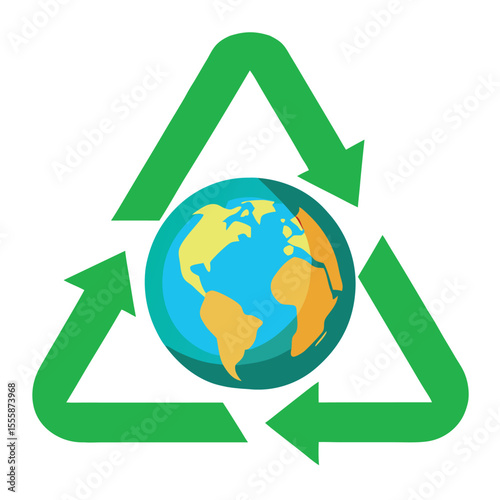Green Eco Vector Icon of Recycling Triangle Arrows Forming Earth – Sustainable Symbol on White Background