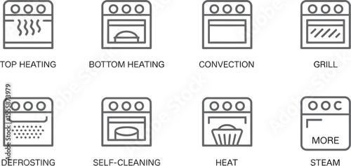 Eight oven icons displaying different cooking functions on a light gray background