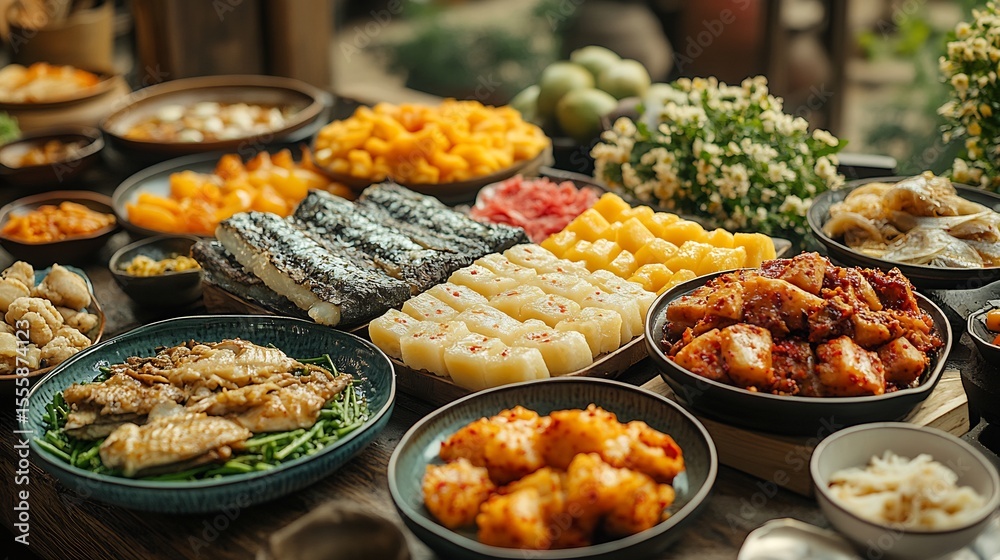 Obraz premium Chuseok feast with colorful songpyeon rice cakes grilled fish japchae and freshly harvested fruits surrounded by traditional decor and family sharing smiles