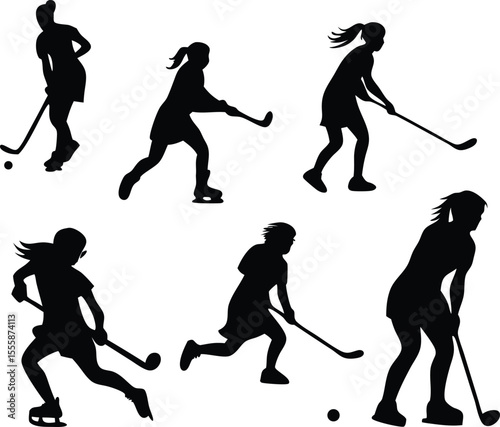 Silhouette Illustrations of Girls Playing Ice Hockey and Field Hockey