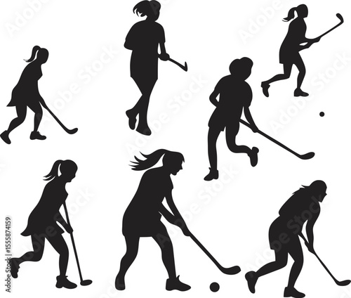 Field Hockey Players Silhouettes in Action on White Background