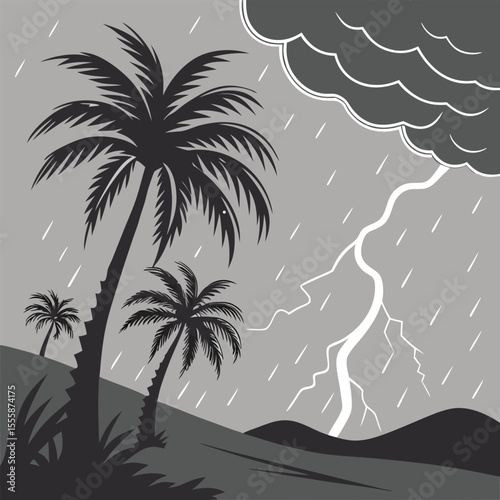 Palm Trees and Stormy Weather Illustration rain lightning