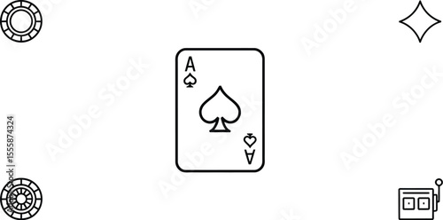 Outline style illustration of casino elements including card chip diamond and slot machine