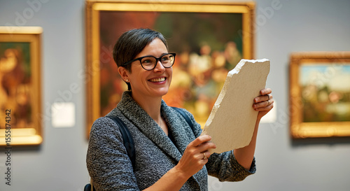 Woman in a gallery, holding a piece of art while smiling, surrounded by beautiful paintings, showcasing appreciation for culture and creativity in an artistic environment