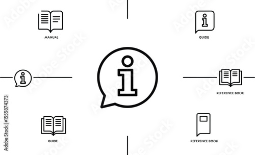 Illustration of information icons with guides manuals and reference books on white background