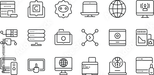 A collection of black and white line icons representing technology and communication devices