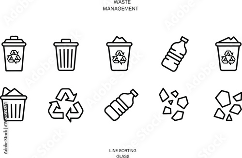 Illustration of waste management icons including bins, bottles, recycle and glass