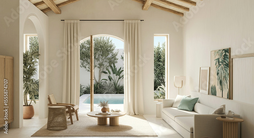 Modern living room interior with large windows showcasing greenery, featuring a cozy sofa, wooden furniture, and a serene atmosphere, ideal for relaxation and comfort