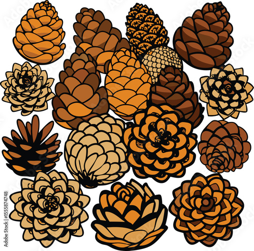 Collection of Stylized Pine Cones in Various Shades of Brown and Orange