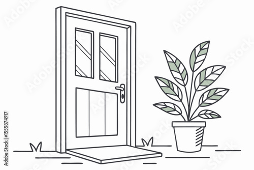 Illustration of a Door with a Plant in a Pot Vector Design