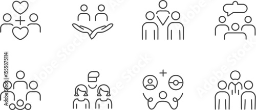 Collection of eight line icons depicting groups of people and relationships on white background